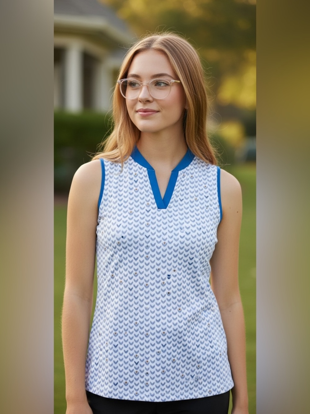 Callaway Sleeveless Golf Polo - Blue & White Chevron with Gold Accents